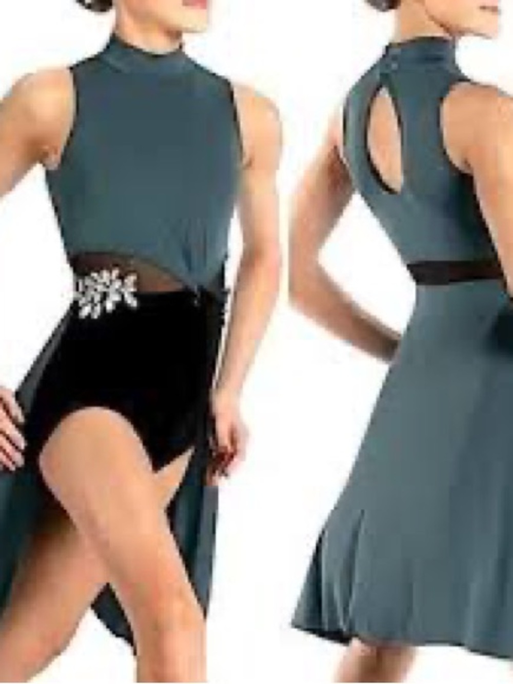 Weissman Teal High-Neck Performance Dress with Black Waist